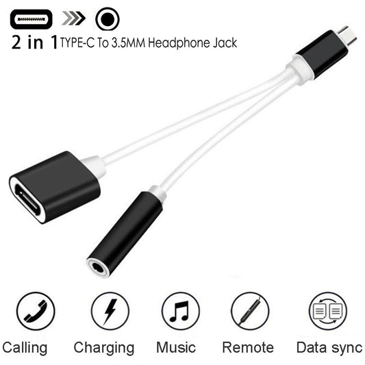 2 In 1 Type C To 3.5 Mm Charger Headphone Audio Jack USB C Cable Portable Type-C To 3.5mm Connector Adapter for Mobile Phone
