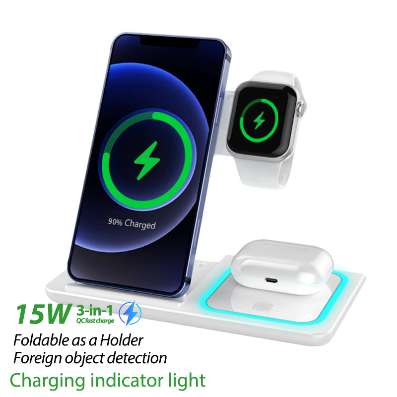 3 in 1 Induction Wireless Charger Stand Qi 15W for IPhone13 12 11 8 Pro XR XsMax Apple Watch SE6 5 4 3 AirPods Foldable Charging