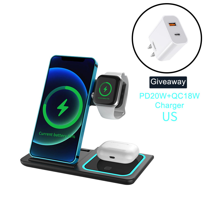 3 in 1 Induction Wireless Charger Stand Qi 15W for IPhone13 12 11 8 Pro XR XsMax Apple Watch SE6 5 4 3 AirPods Foldable Charging