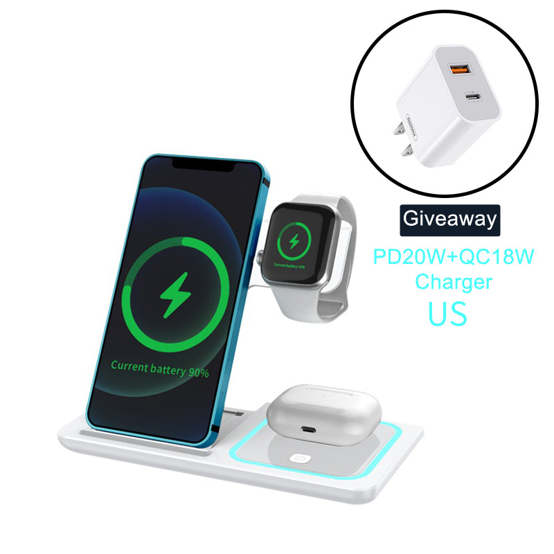 3 in 1 Induction Wireless Charger Stand Qi 15W for IPhone13 12 11 8 Pro XR XsMax Apple Watch SE6 5 4 3 AirPods Foldable Charging