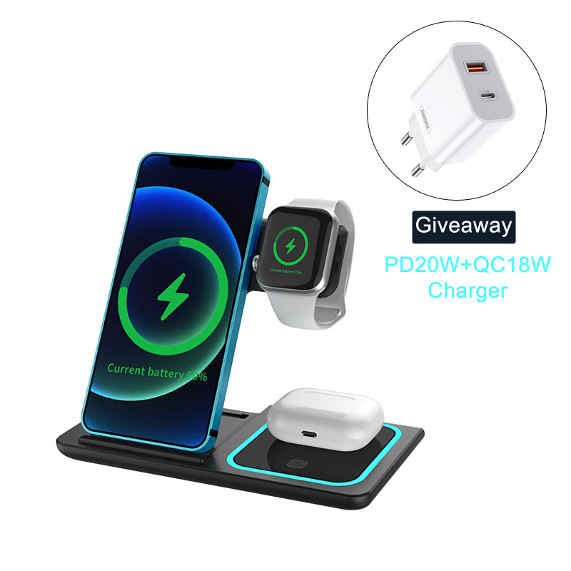 3 in 1 Induction Wireless Charger Stand Qi 15W for IPhone13 12 11 8 Pro XR XsMax Apple Watch SE6 5 4 3 AirPods Foldable Charging