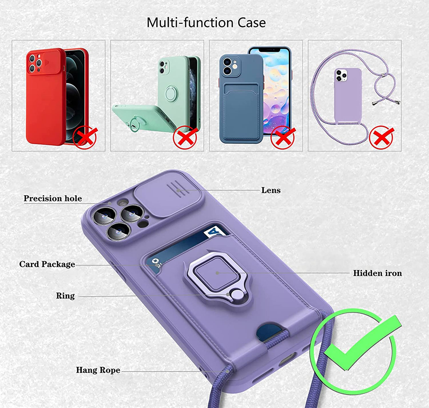 COOWEEK Designed for iPhone 13 Pro Max Case with Camera Cover & Kickstand, Slide Lens Protection + Magnetic Ring Stand, Crossbody Strap,6.7 Inch,Purple