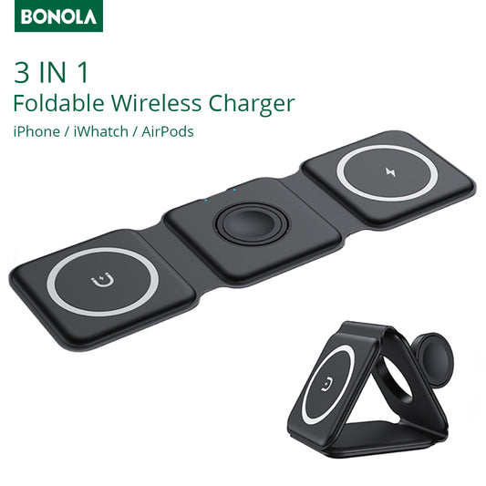 Bonola 3 in 1 Foldable Magnetic Wireless Charger for iPhone 13 11 12 Pro Max Portable Wireless Charger for Apple Watch/AirPod 3