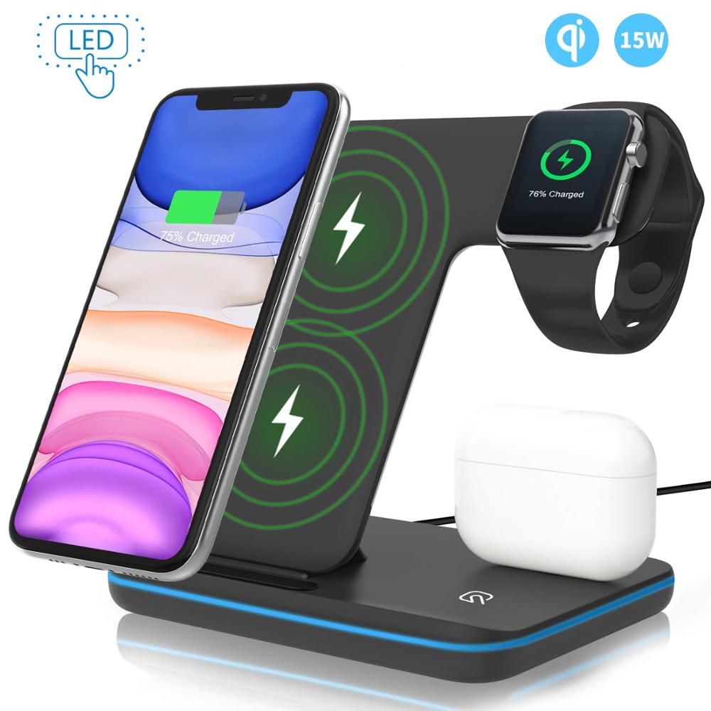 Wireless Charger Stand 3 in 1 Qi 15W Fast Charging Dock Station for Apple Watch iWatch 7 6 AirPods Pro iPhone 13 12 11 XS XR X 8