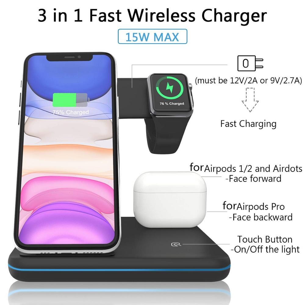 Wireless Charger Stand 3 in 1 Qi 15W Fast Charging Dock Station for Apple Watch iWatch 7 6 AirPods Pro iPhone 13 12 11 XS XR X 8